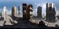 Post-apocalyptic ruined city. Destroyed buildings 360 Panorama HDRI Royalty Free Stock Photo