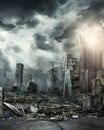 Post apocalyptic scene of the city after earthquake with rundown buildings and dramatic sky in background