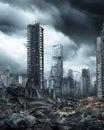 Post apocalyptic scene of the city after earthquake with rundown buildings and dramatic sky in background, generative ai