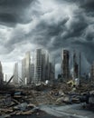 Post apocalyptic scene of the city after earthquake with rundown buildings and dramatic sky in background