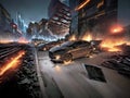 Post apocalyptic scene of destroyed city with cars and fire burning