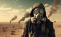 Post-apocalyptic scene with a man wearing a gas mask. Nuclear or biochemical war conceptual representation. Royalty Free Stock Photo