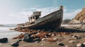 Post-apocalyptic Ship On A Beach: Moody Color Schemes And Rusty Debris Royalty Free Stock Photo