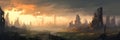 Desolate skyline with ruined skyscrapers and banner in a post-apocalyptic world, generative AI