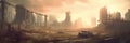 Ruined Skyscrapers and Post-Apocalyptic Skyline with Banner, generative AI