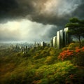 post-apocalyptic skyline, ruined skyscrapers, tall overgrown buildings isolated on white background