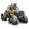 Post-apocalyptic Snowmobile Illustration: Detailed Character Design In Dark Beige And Orange