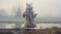Post-apocalyptic Surrealism: White Mouse In Grandparentcore Coat By The Lake
