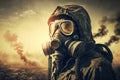 Post apocalyptic survivor in gas mask. Environmental disaster, Armageddon concept, Generative AI Royalty Free Stock Photo