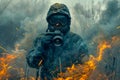 Post Apocalyptic Survivor in Gas Mask and Tattered Clothing Amidst Fiery Ruins Royalty Free Stock Photo