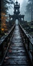 Post-apocalyptic Temple Bridge In The Fog