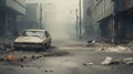 Post apocalyptic urban city street in ruin with destroyed buildings debris and car wrecks - generative ai