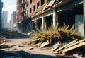 A post-apocalyptic urban landscape with overgrown vegetati Royalty Free Stock Photo