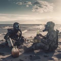 Post apocalyptic vacations on sea beach. Two men in radiation protection suits, gas mask sitting near ocean under blue