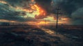 Post-apocalyptic wasteland features dramatic skies.