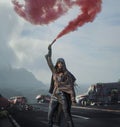 Post apocalyptyc image, brunette beauty posing with wrecked cars