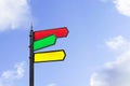 Post with blank signposts with a space for text. A pillar with red, green and yellow pointers for information, directions,