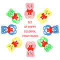 Post card from bears of different colors arranged in a circle.