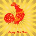 Post card Happy New Year. Red rooster is crowing on gold rays background