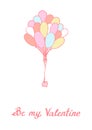 Post card for Valentine`s Day: baloons with heart and phrase Be my Valentine. Simple sketch vector illustration