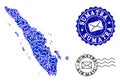 Post Communication Collage of Mosaic Map of Sumatra Island and Textured Seals