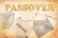 Post envelopes, vintage cards to write greetings, congratulations. Passover and Pesach in Hebrew made of Matzoh. Old paper texture