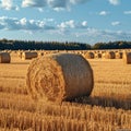 Post harvest beauty Golden hay bales adorn the vast agricultural field Royalty Free Stock Photo