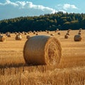 Post harvest beauty Golden hay bales adorn the vast agricultural field Royalty Free Stock Photo