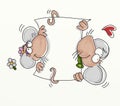 Couple of mice in loveMouse with tie Post held by a cmouse blank ticket where you can write what you want Royalty Free Stock Photo