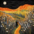 Post-impressionism Vector: The Man Walking Down Her Path In The Night Sky