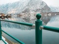 Post at lake mountain winter season snow landscape village hallstatt Royalty Free Stock Photo