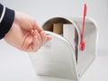 Post mailbox letter hand composition with images of human hand envelopes and classic silver mail box Royalty Free Stock Photo