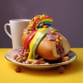 Post Malone-inspired Surrealism: Hotdog And Pastry Dessert In Rainbow Light Royalty Free Stock Photo