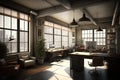 post modern office space, vintage tones, loft style.