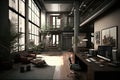 post modern office space, vintage tones, loft style.