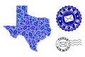 Post Motion Composition of Mosaic Map of Texas State and Grunge Seals