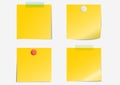 Post note label dark yellow paper sticky tape white and red thumb tacks set on gray background with shadow - Vector Illustration