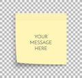 Post note paper sheet. Sticky sticker. Vector office memo template. Blank yellow square adhesive sticker mock up. Royalty Free Stock Photo