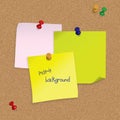 Post-it notes with 3D pushpins on cork board Royalty Free Stock Photo