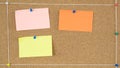 Post it notes pinned with thumbtacks on a cork board. Royalty Free Stock Photo