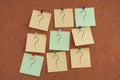 Post it notes with question marks on bulletin board