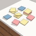 Post it notes in yellow blue and pink are scattered across a white table Royalty Free Stock Photo