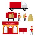 Post office, boxes, postman,Delivery truck. Delivery Concept. Vector flat Royalty Free Stock Photo