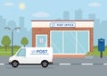 Post office building, delivery truck and mailbox on city background.