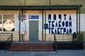 Post office building. On the wall of the building there is a Russian text Ã¢â¬ÅMail. Telephone. Telegraph\