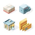 Post office. Mail and package delivery service cargo postbox mailman worker vector isometric pictures