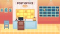 Post Office, Postage, Mail Delivery Service Concept. Modern Interior Of Empty Post Office With Mailbox, PO Box, Scales