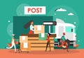 Post office workers with parcels, postman with letters, delivery truck, vector illustration. Post delivery service.
