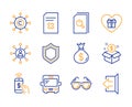Post package, Phone payment and Romantic gift icons set. Search files, Delete file and Sunglasses signs. Vector