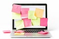 Post it Paper or Notes Reminders on Laptop Blank Screen Isolated on White Hard Work Concept Royalty Free Stock Photo